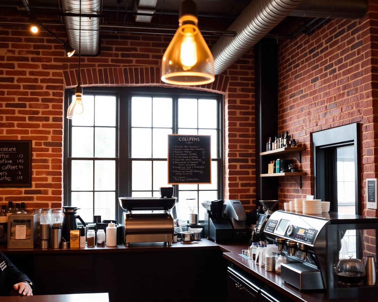 Cozy independent coffee roastery interior with exposed brick and warm pendant lighting
